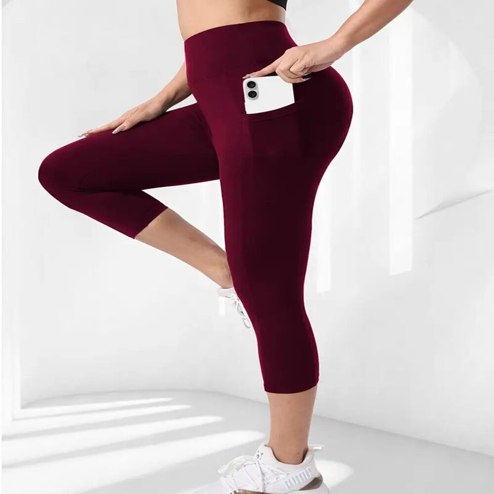 Women's Soft High Waisted & Stretchy Capri Leggings w/Pockets Burgundy M-XL